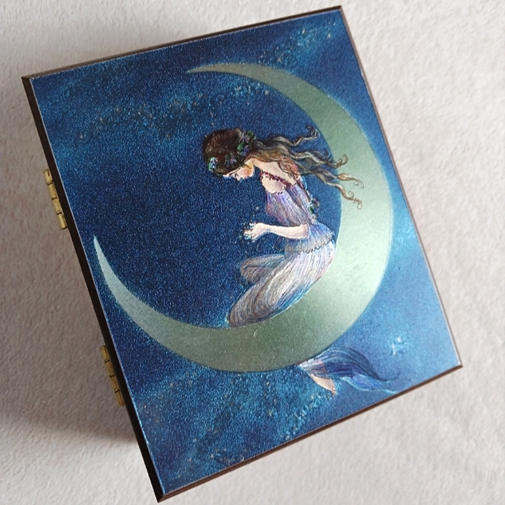 Art Nouveau Box Fairy Moon Girl Cedar Wooden Jewelry Keepsake Trinket Blue